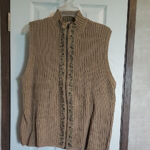 Woolrich Tan Ribbed Knit Sweater With Floral Embroidery And Zipper Front